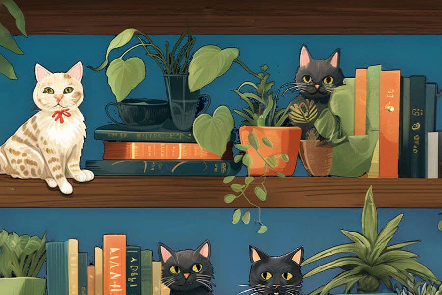 Cat Tales - Library books bookcase plants garden puzzle - Image 2